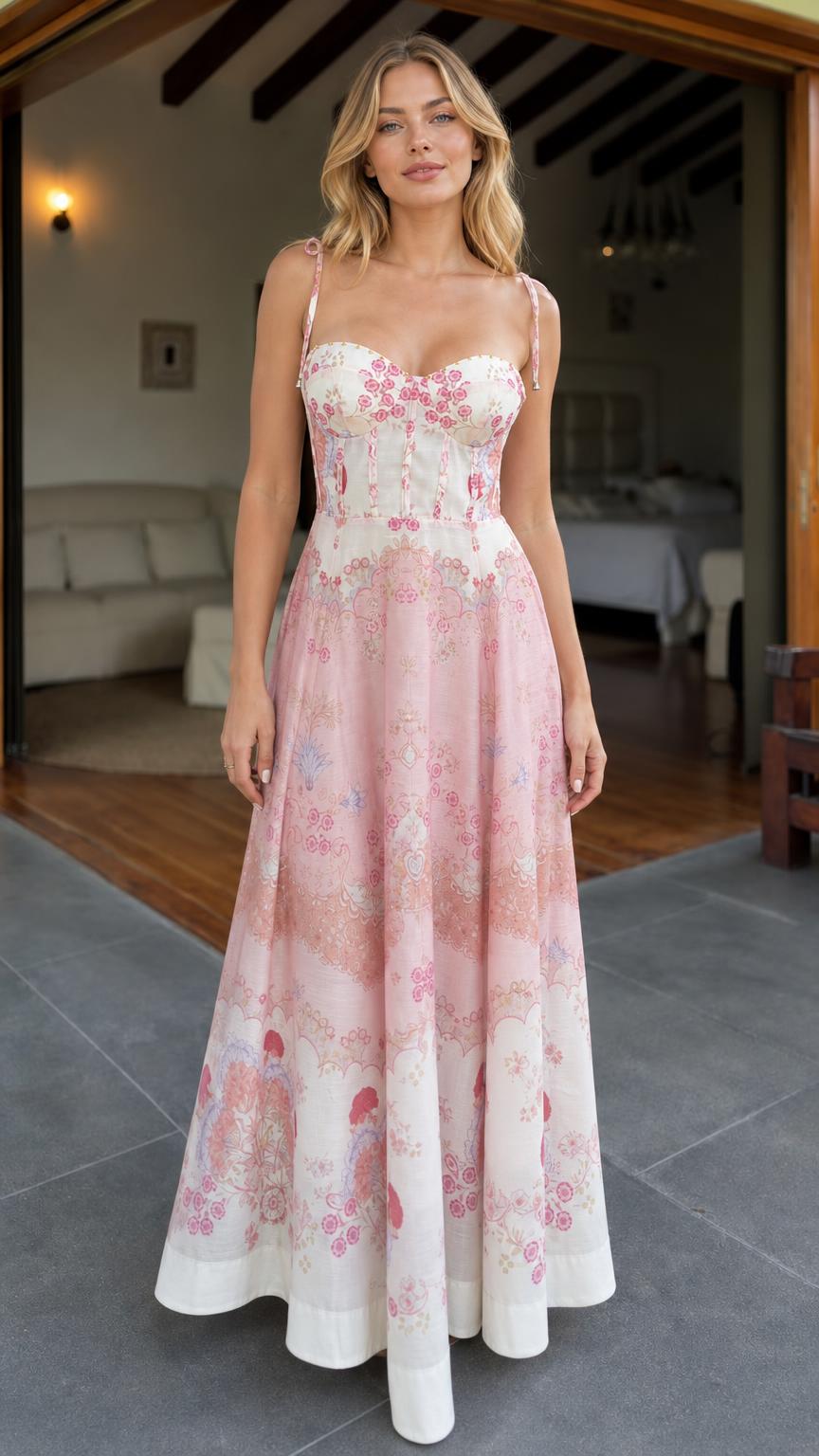 Model wearing pink floral print corset maxi dress from the front