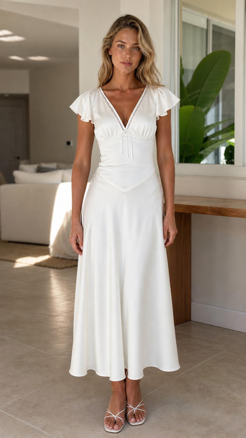 Front view of model wearing white V-neck flutter sleeve midi dress