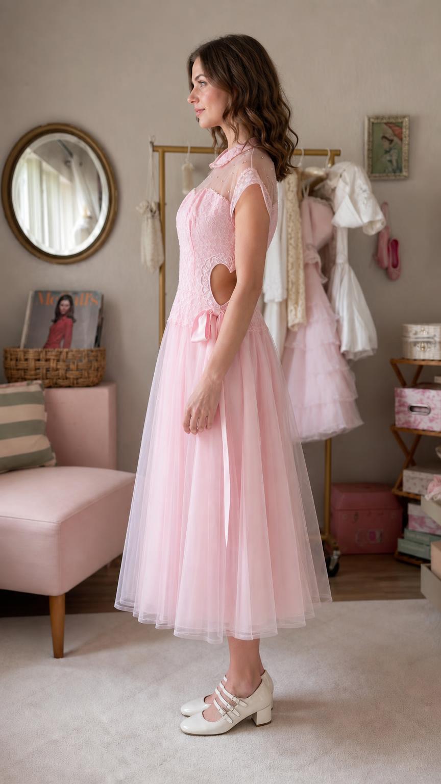 Pink lace midi dress side profile view