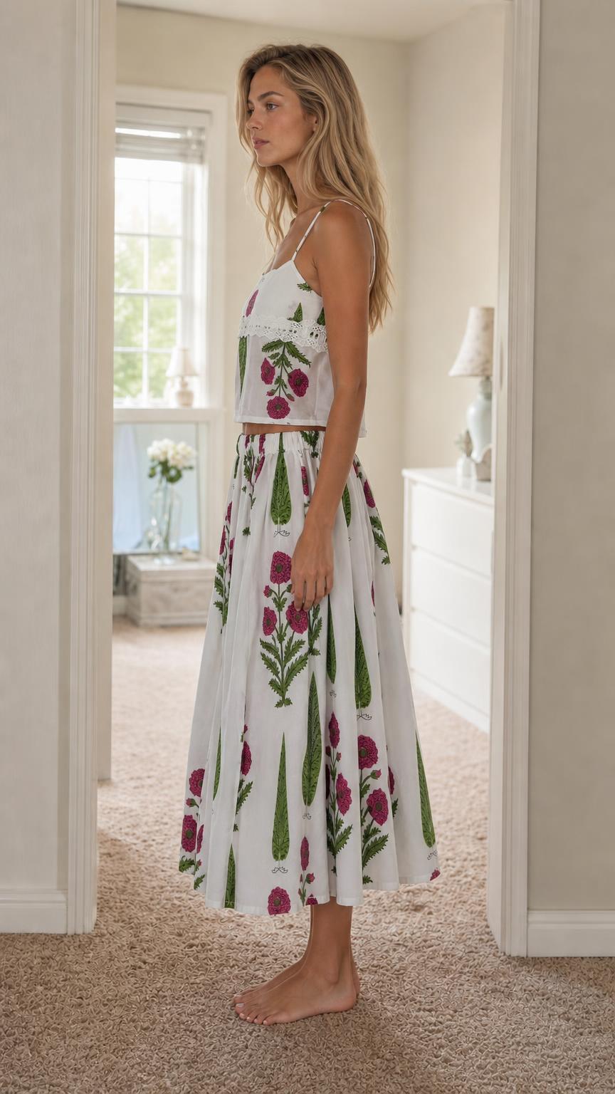 Side profile view of woman in white floral two-piece set