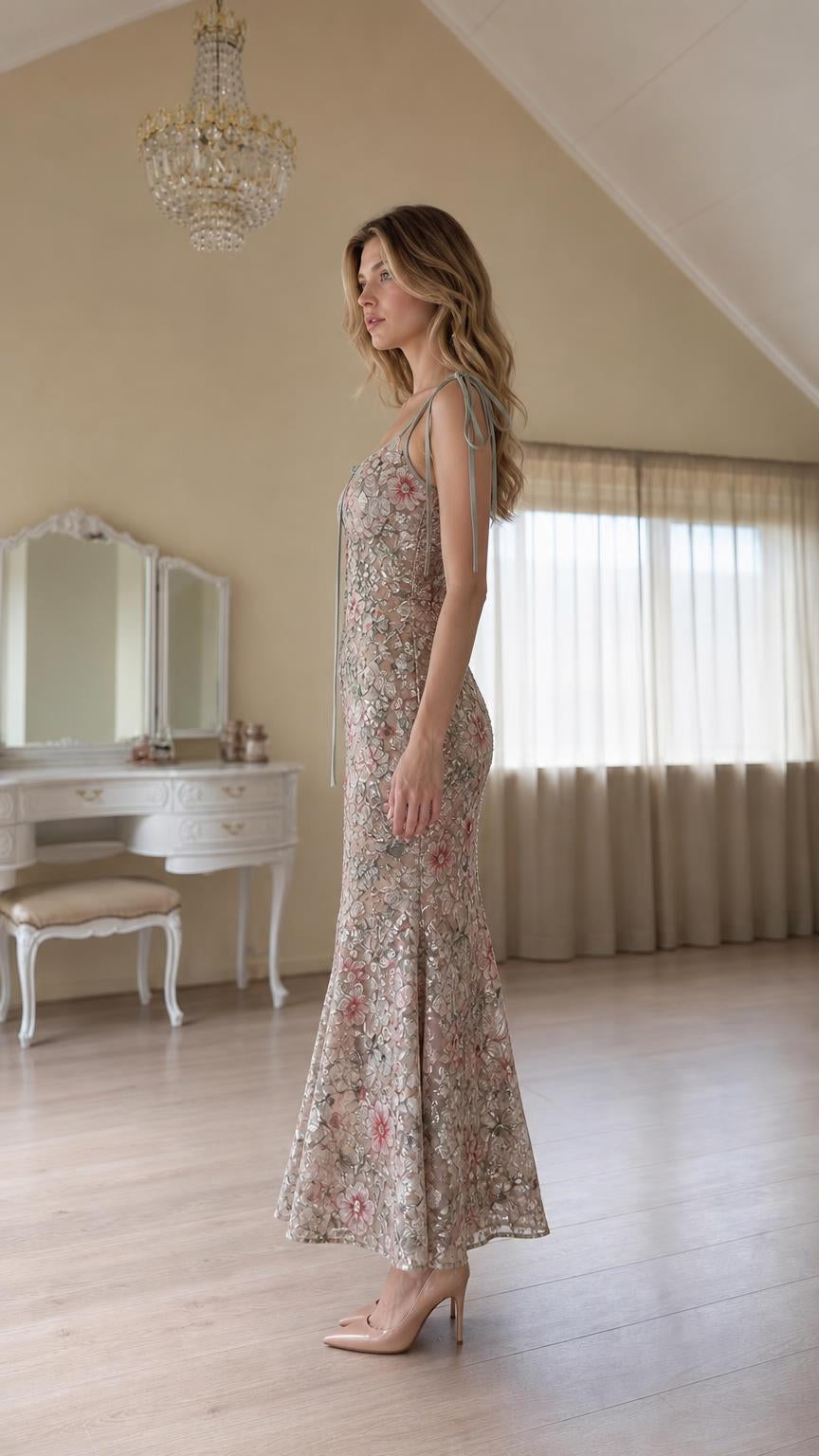 Side profile view of champagne floral sequin maxi dress