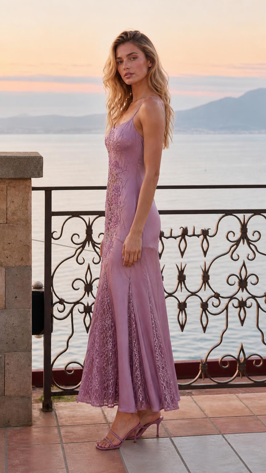 Side profile view of lavender slip dress outdoors