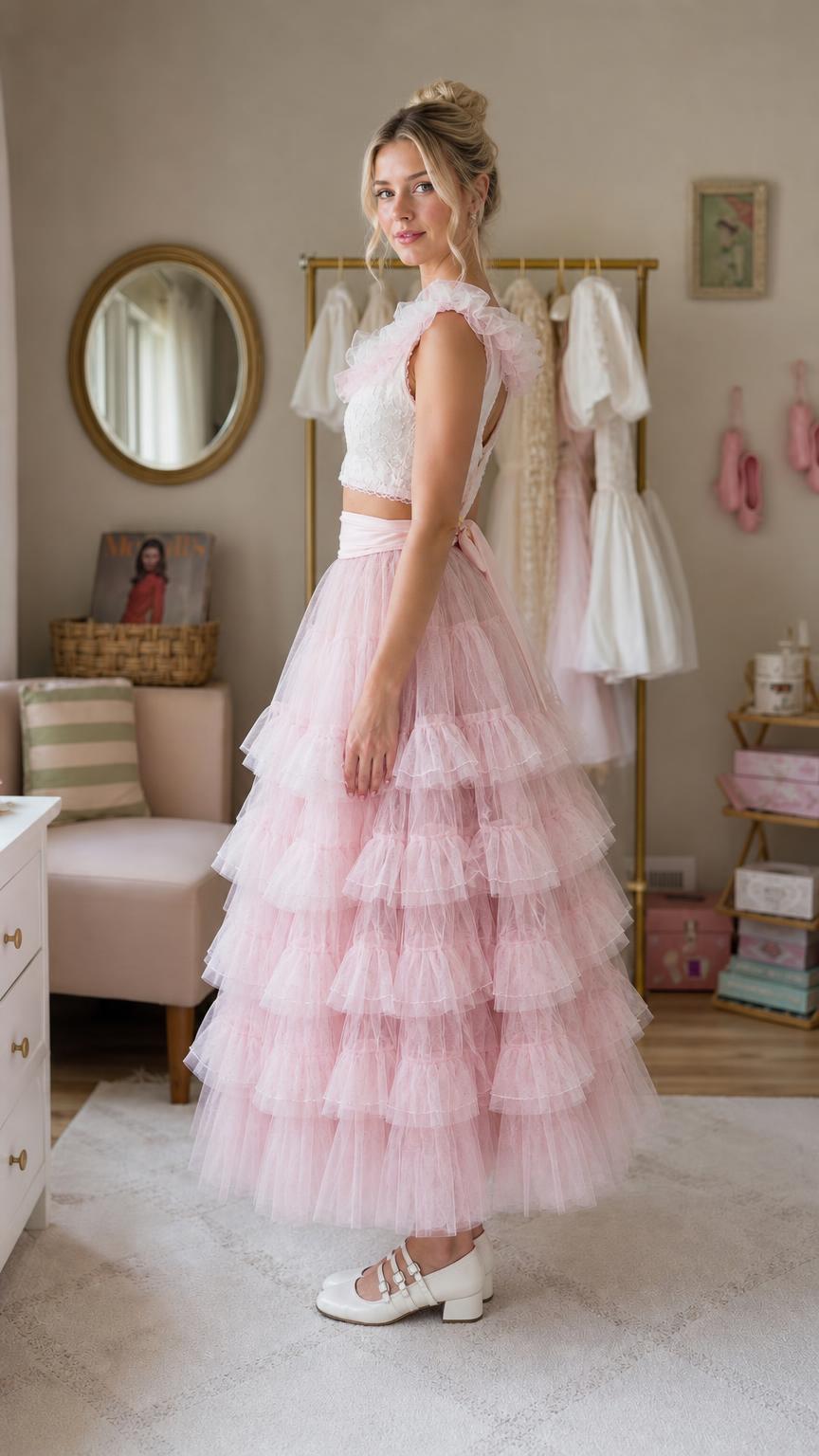 Side profile of model in pink tulle set