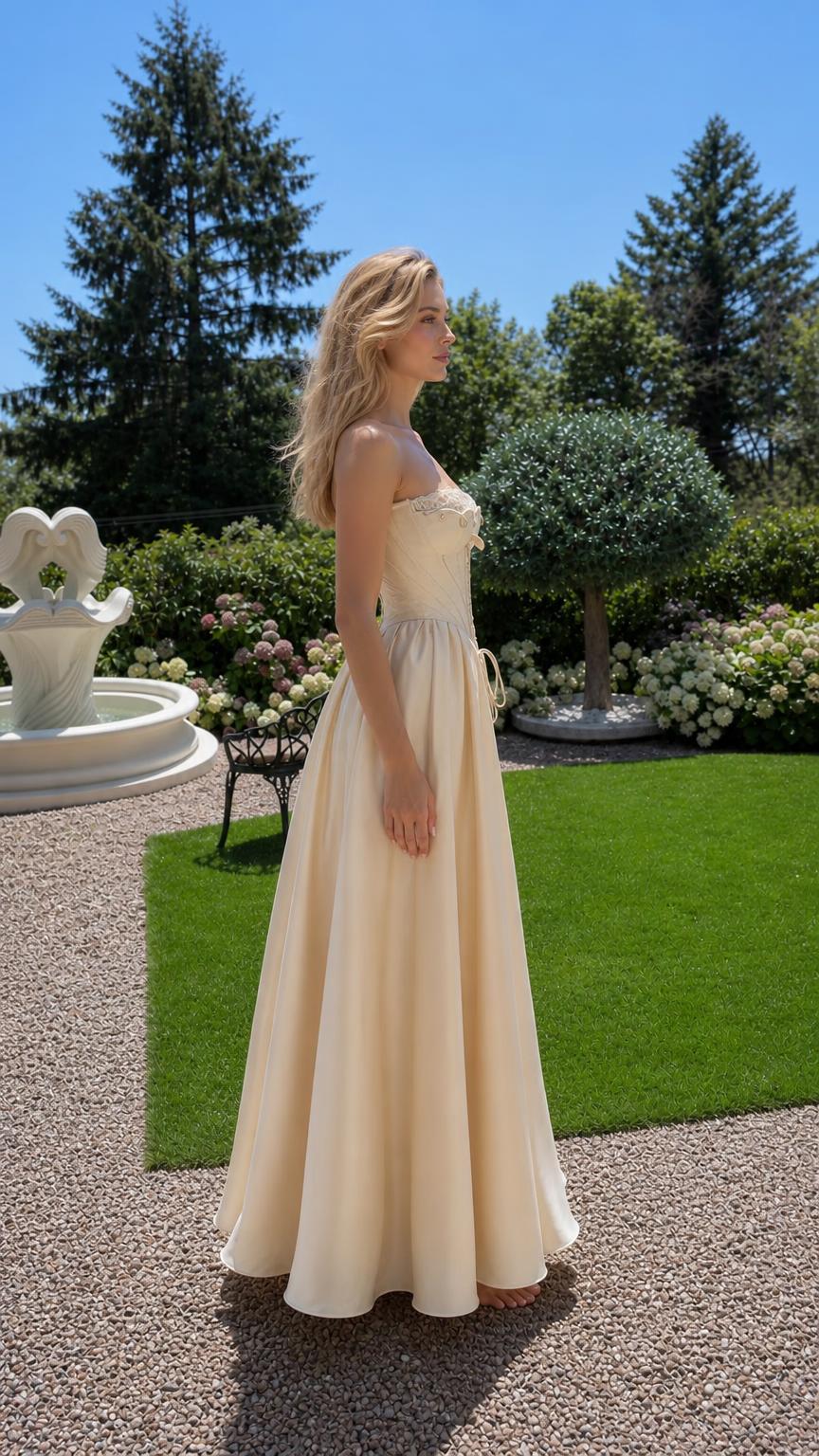 Side profile view of champagne corset maxi dress