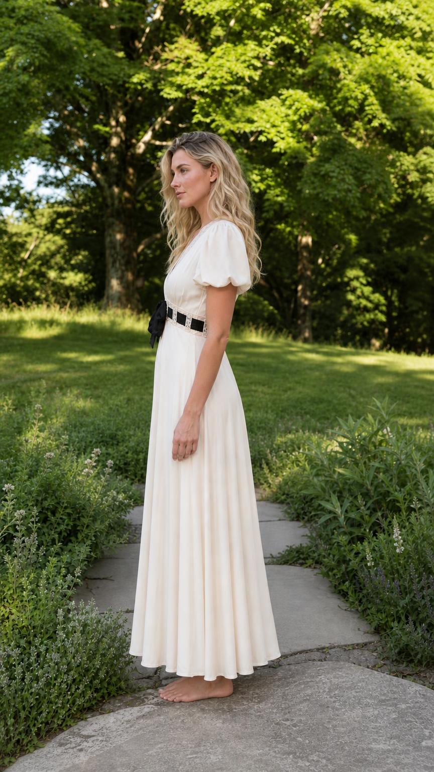 Side profile view of woman wearing ivory maxi dress on garden pathway