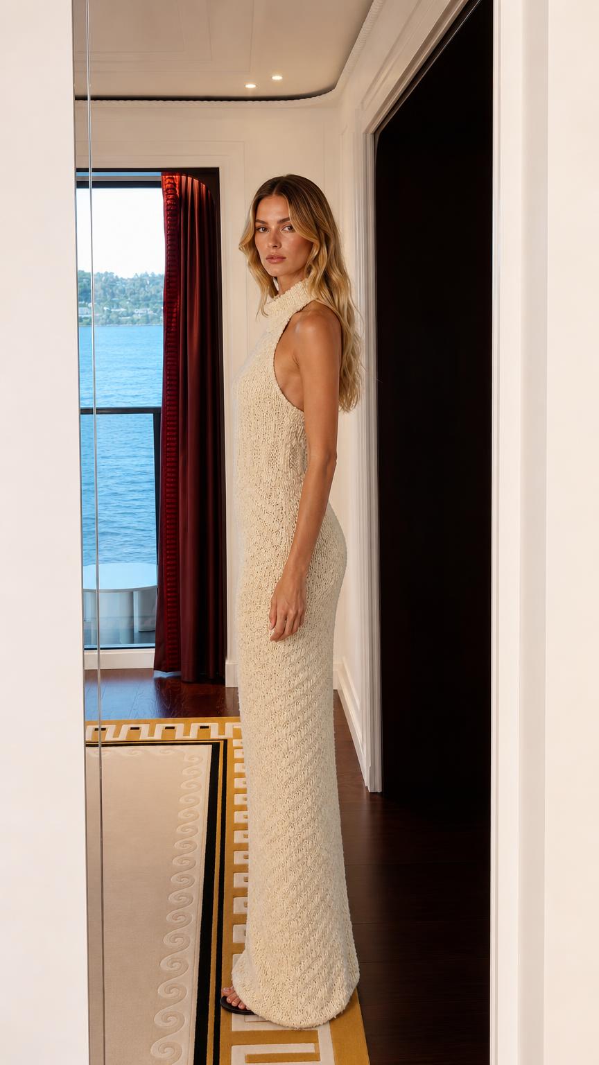 Side profile of model in cream knit maxi dress