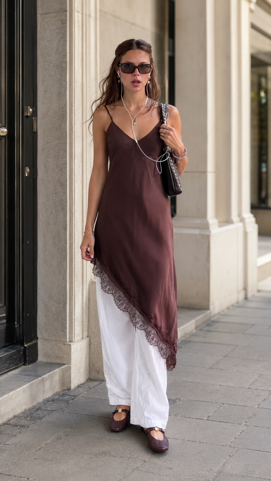 Front view of chocolate brown satin-look slip tunic dress with lace-trim hem over white pants