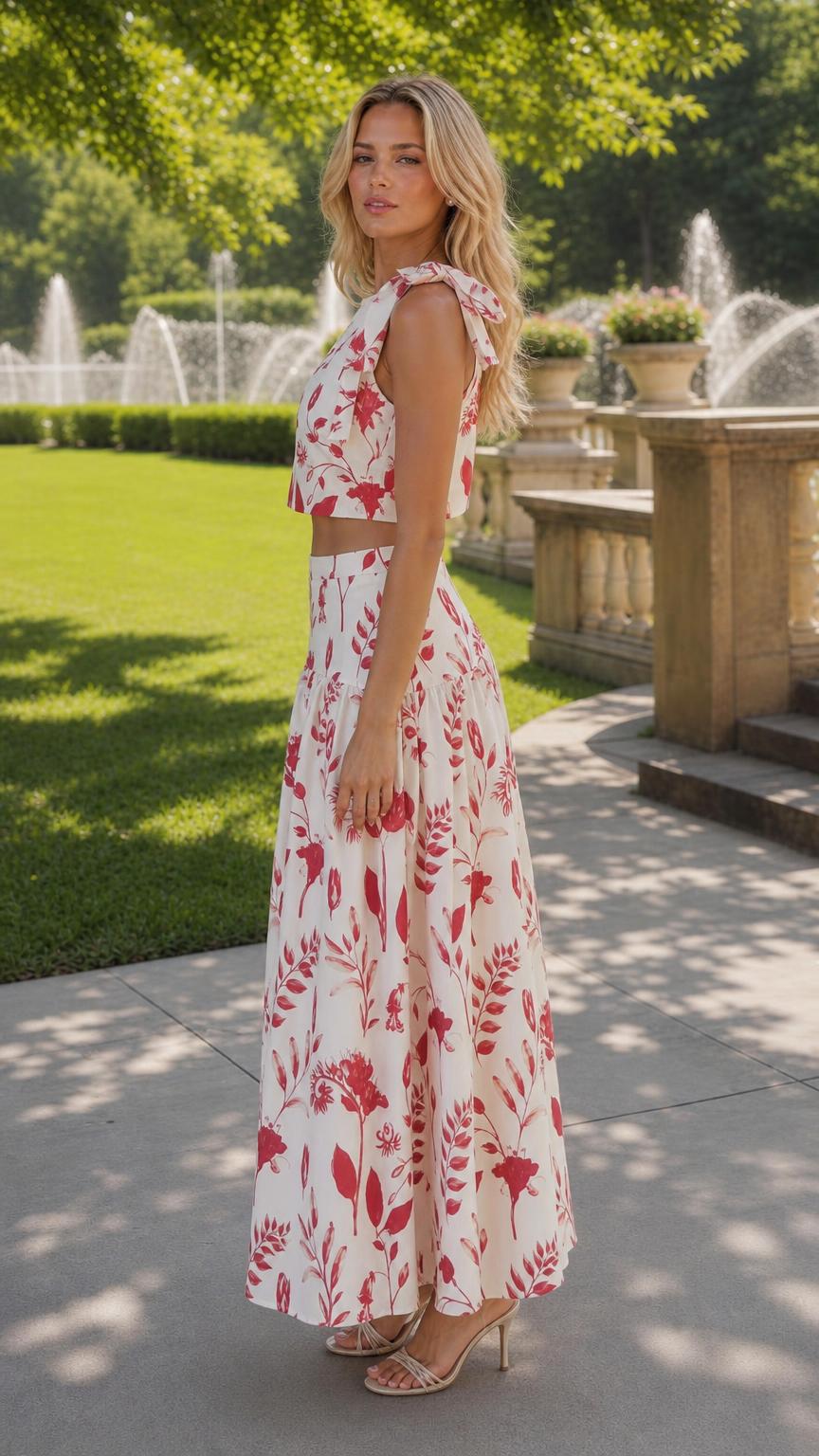 Side profile of woman in white floral crop top and maxi skirt