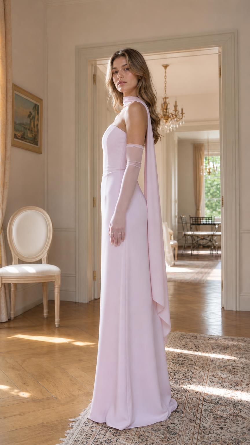 Pink maxi dress side view showing draped scarf