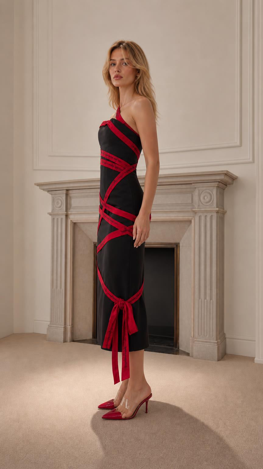 Side profile view of black midi dress showing ribbon wrap