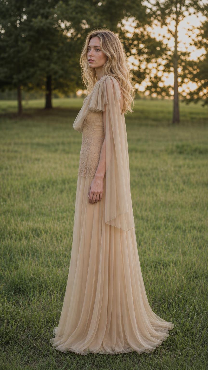 Side profile view of champagne tulle evening gown