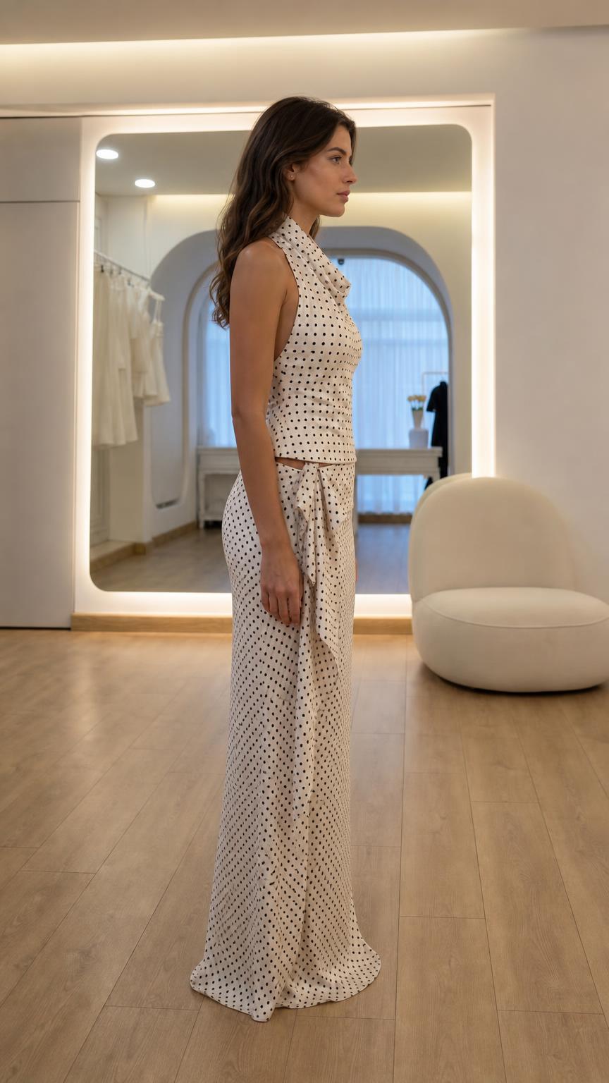 Side profile view of model in white polka dot two-piece set