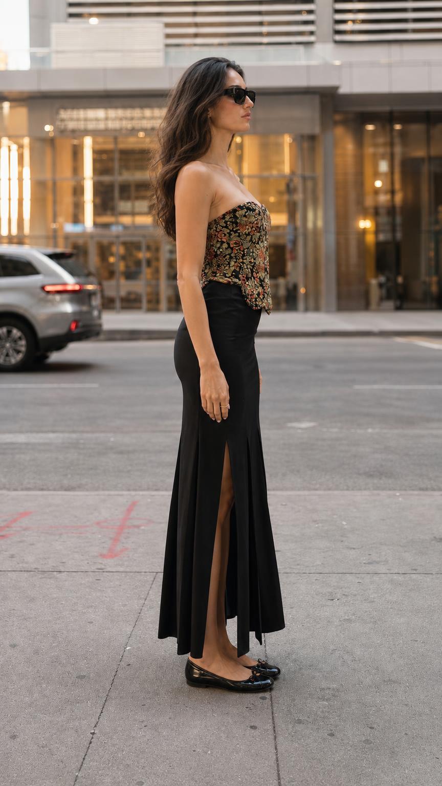 Side view of model wearing multi floral jacquard bustier top