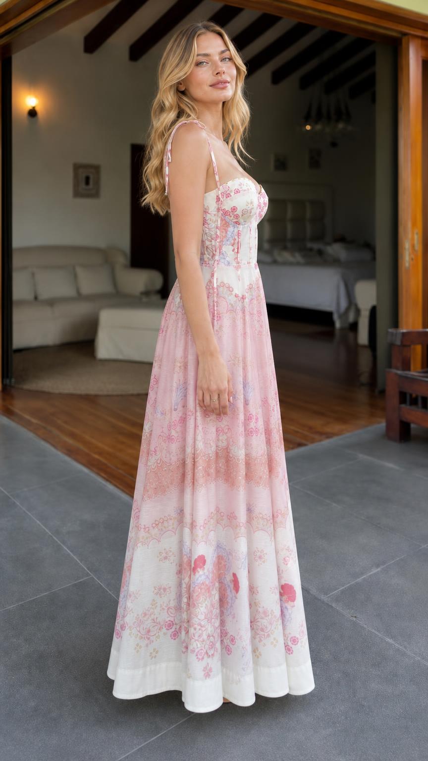 Model posing in pink floral maxi dress from side profile