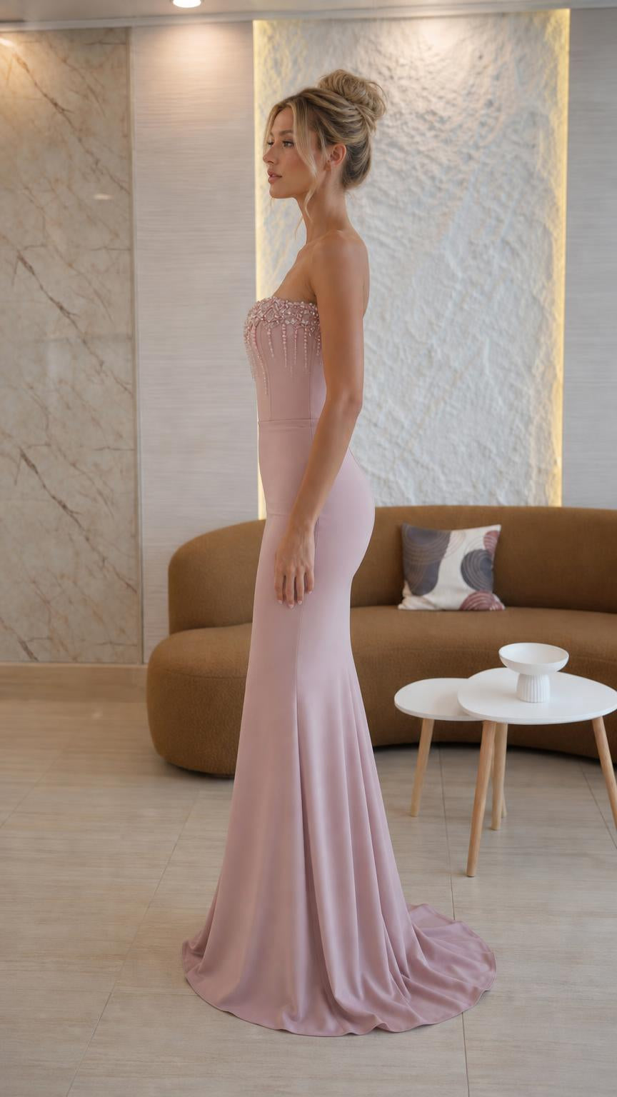 Side view of Dusty Rose evening dress