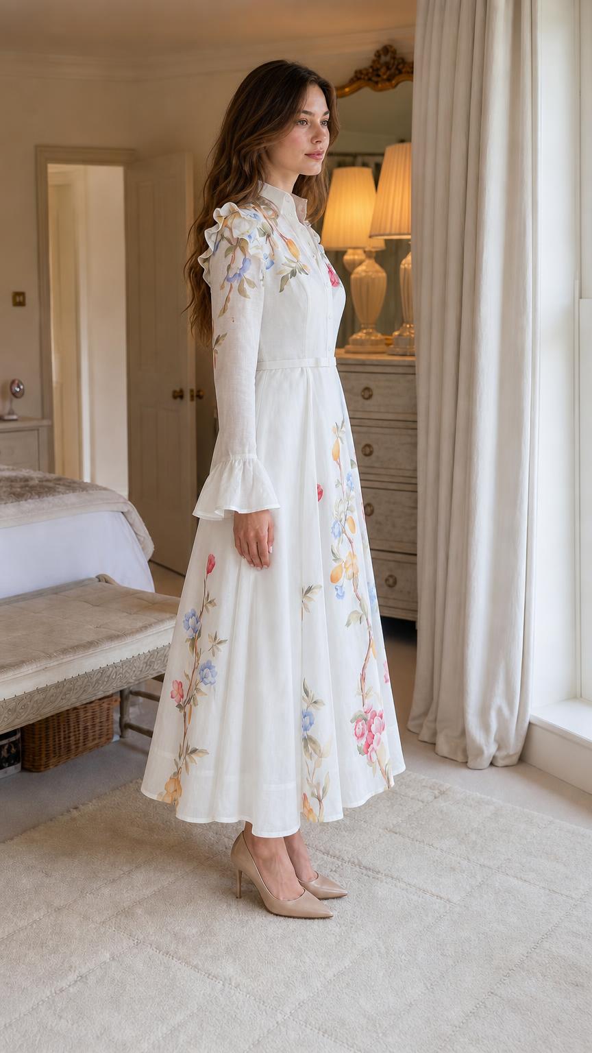 Side profile of woman in white embroidered dress with ruffled shoulders