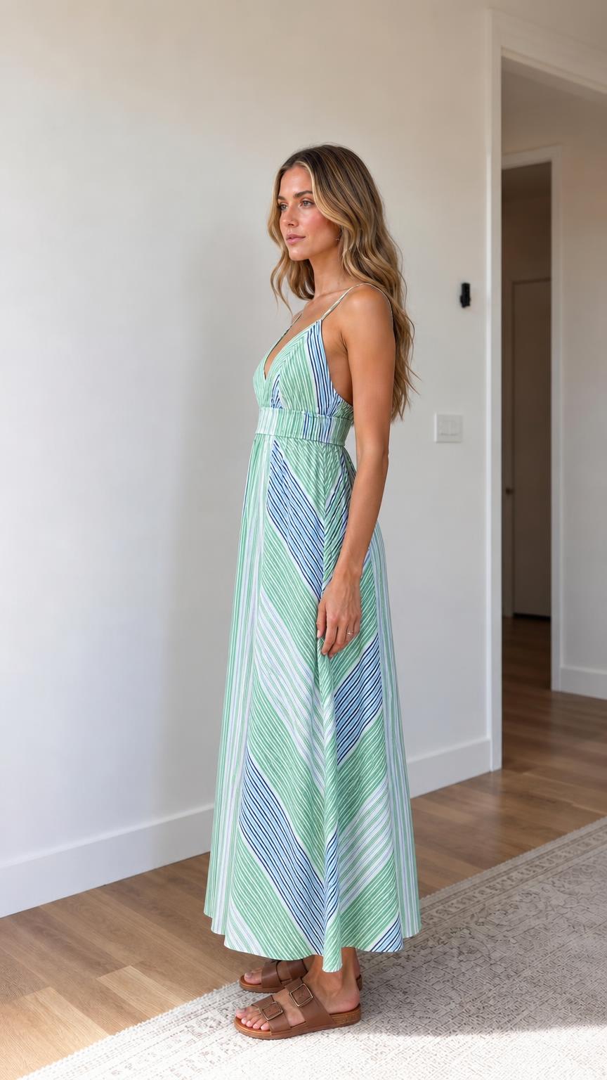 Side profile view of green striped maxi dress