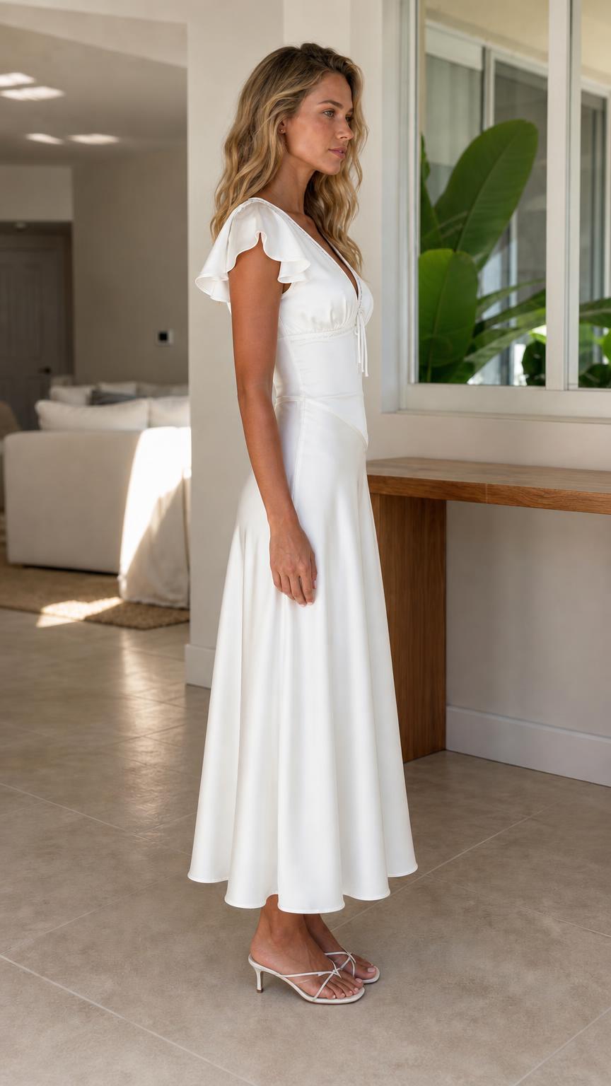 Side profile view of model in white midi dress