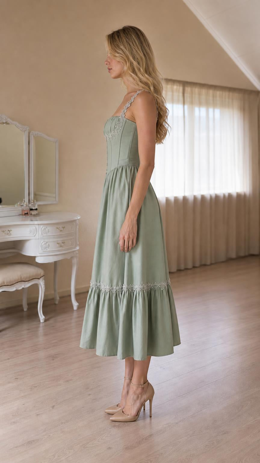 Side profile view of Sage Green midi dress