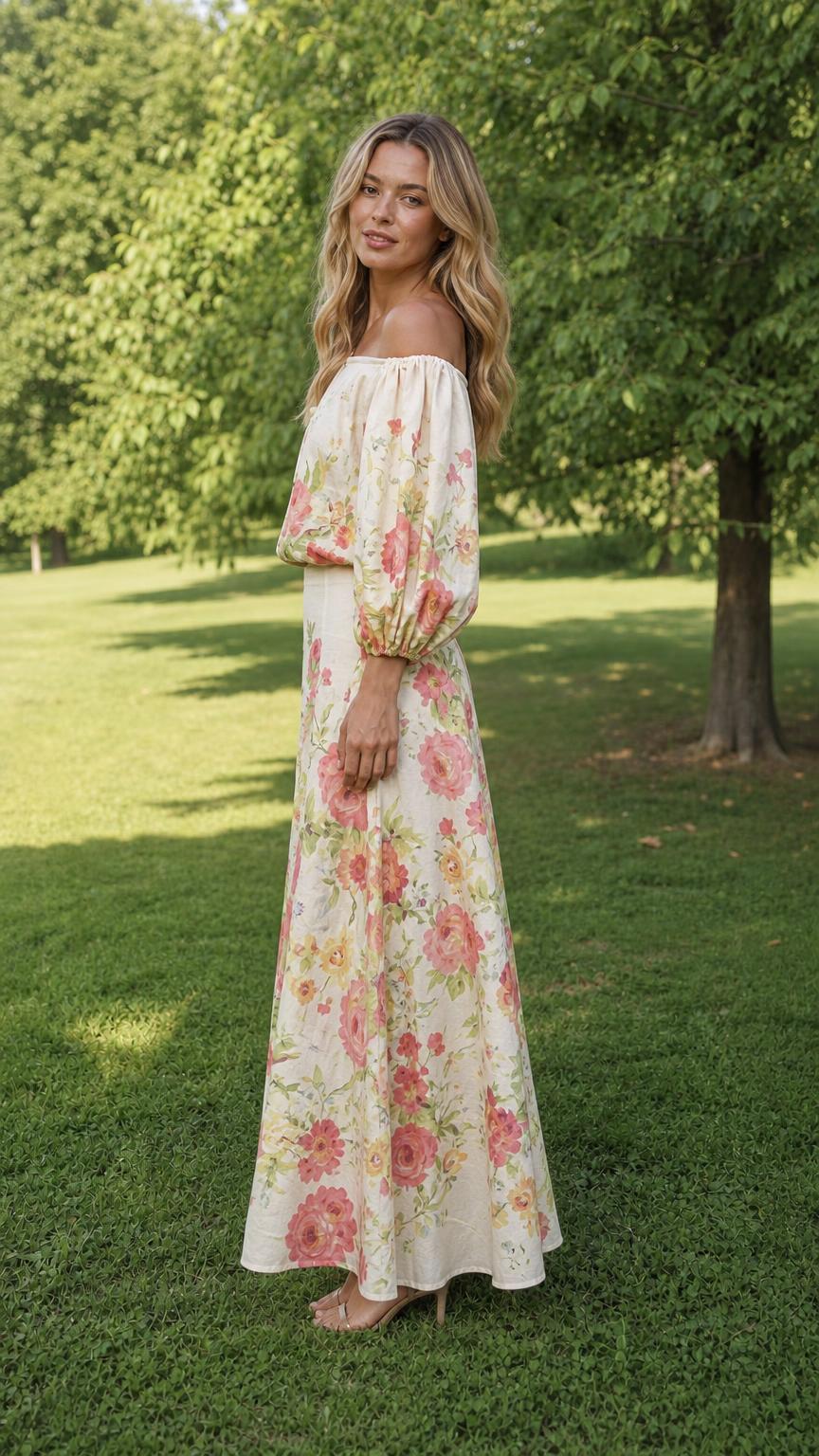 Side profile view of cream floral two-piece set outdoors