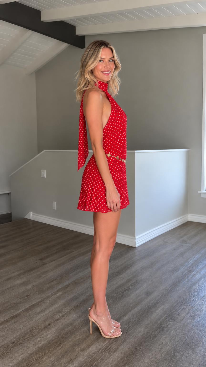 Side profile view of red polka dot mini dress with back tie