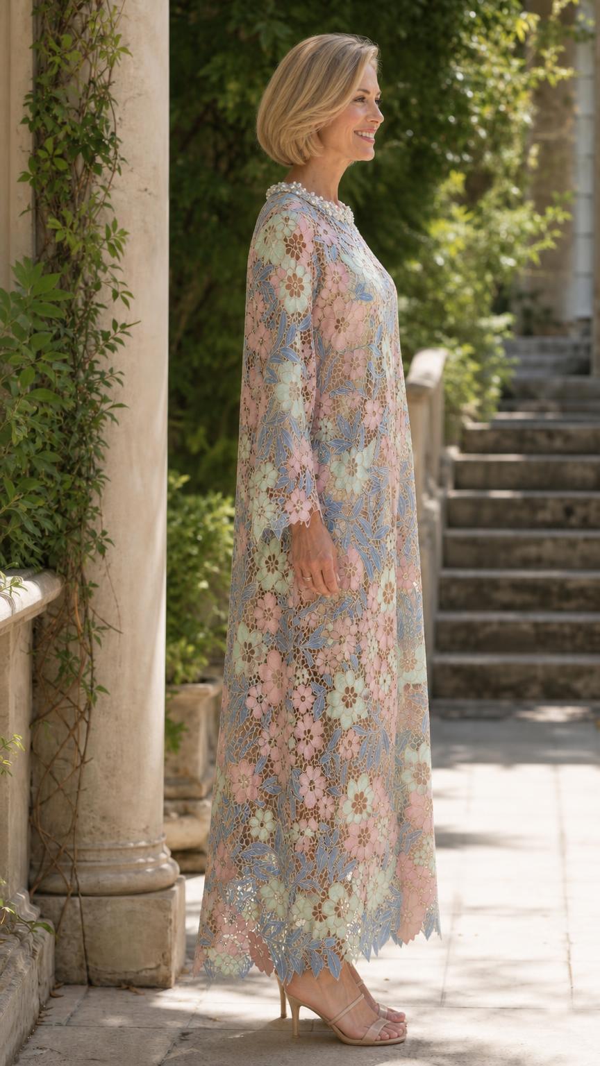 Side profile view of model in champagne pink lace dress