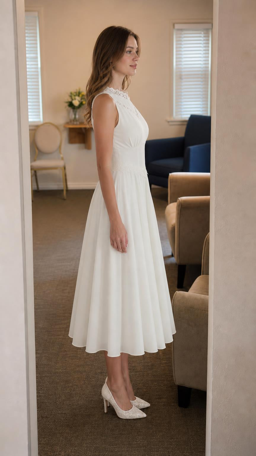 Side profile view of model in white midi dress