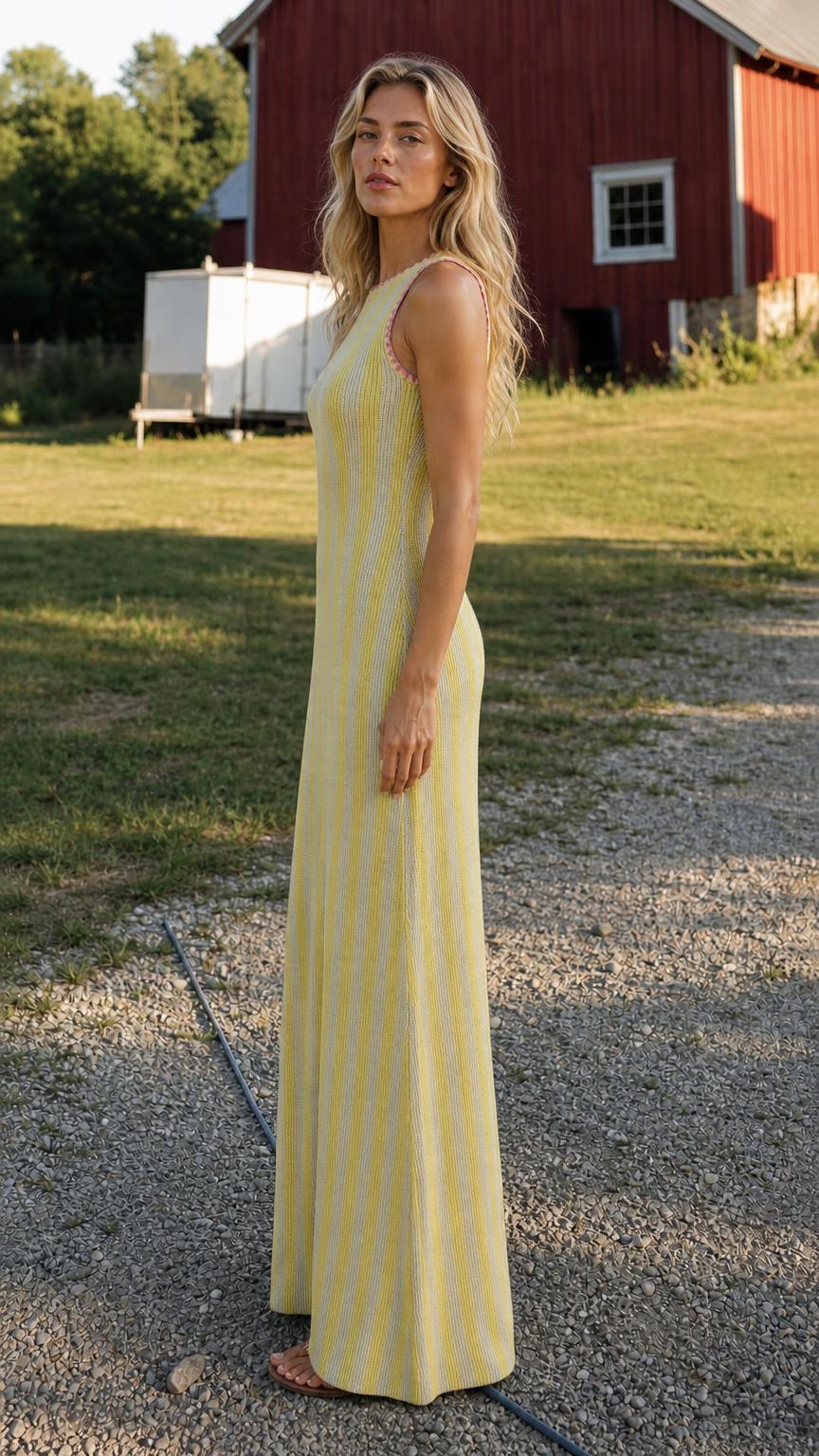 Side profile view of yellow ribbed knit maxi dress