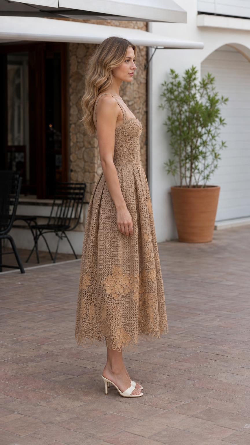 Side view of model wearing khaki floral lace midi dress
