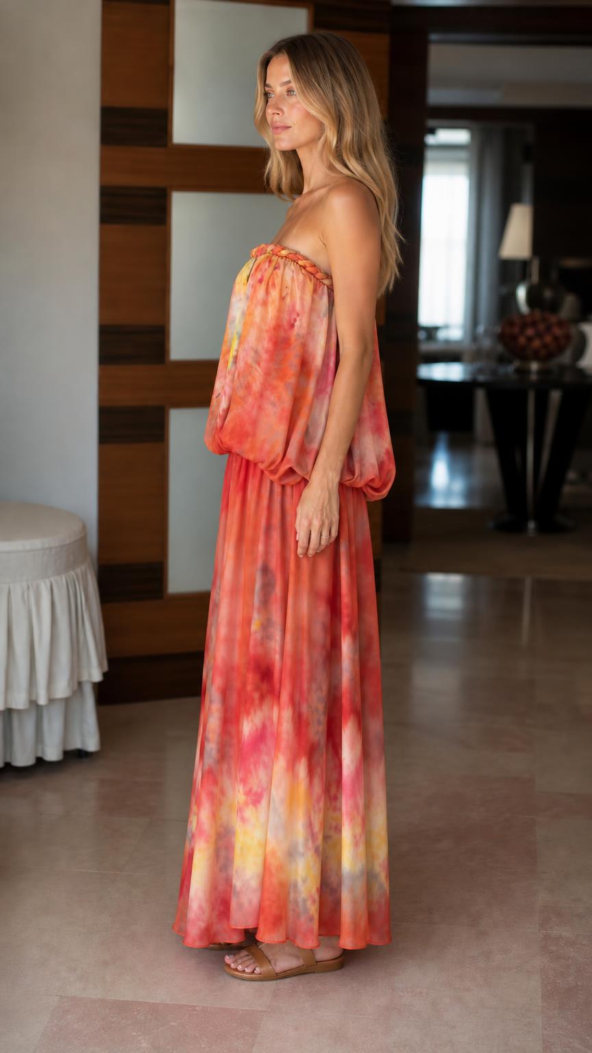 Model wearing orange tie-dye strapless maxi dress from side profile