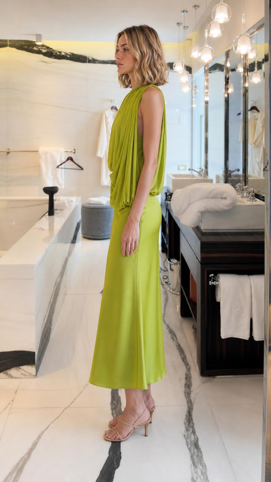 Side profile of woman wearing Lime Green draped midi dress
