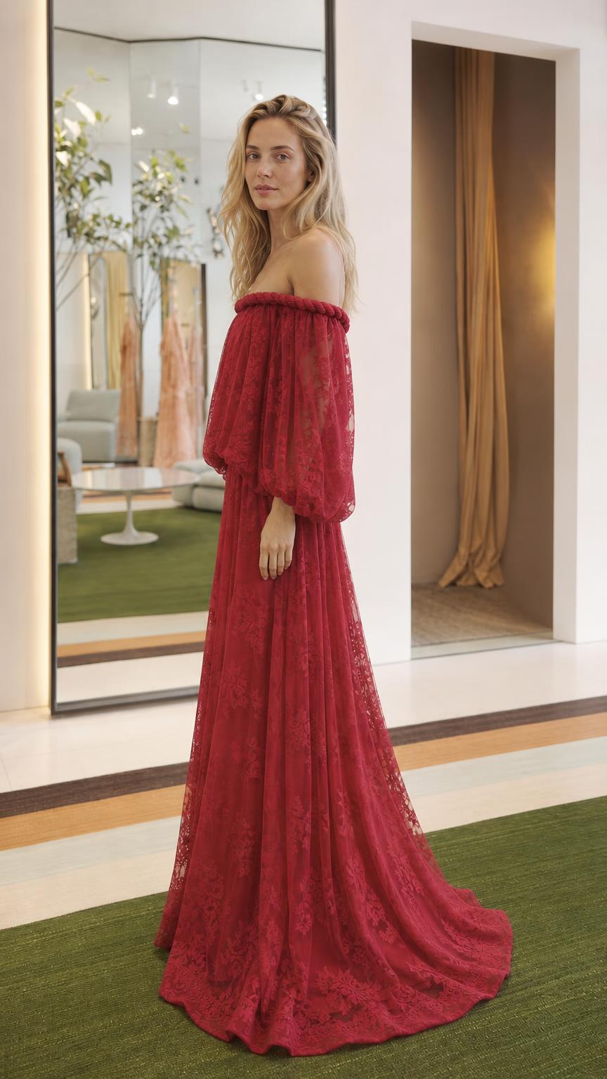 Side view of burgundy lace maxi dress