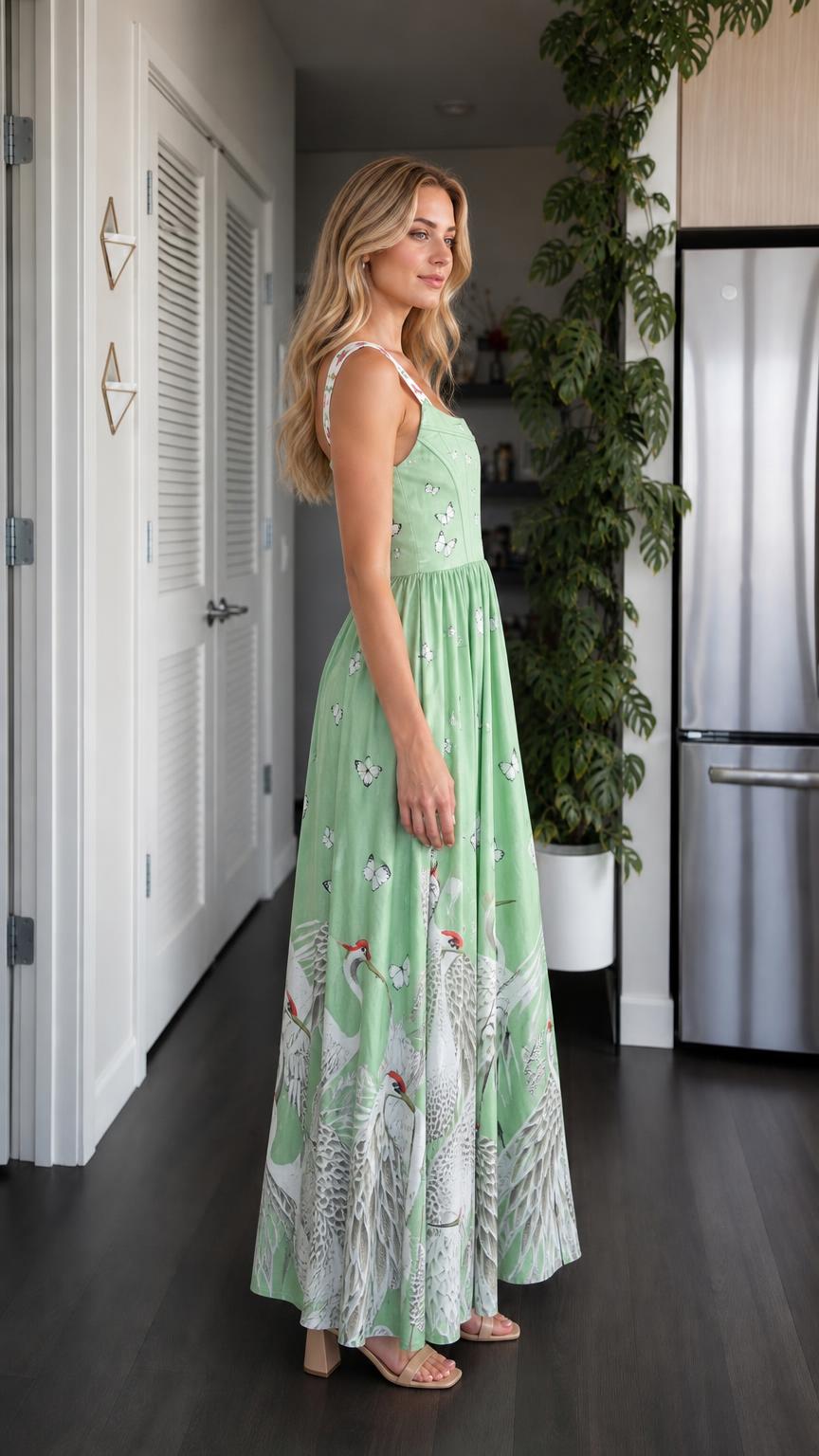 Side profile of model in sage green maxi dress