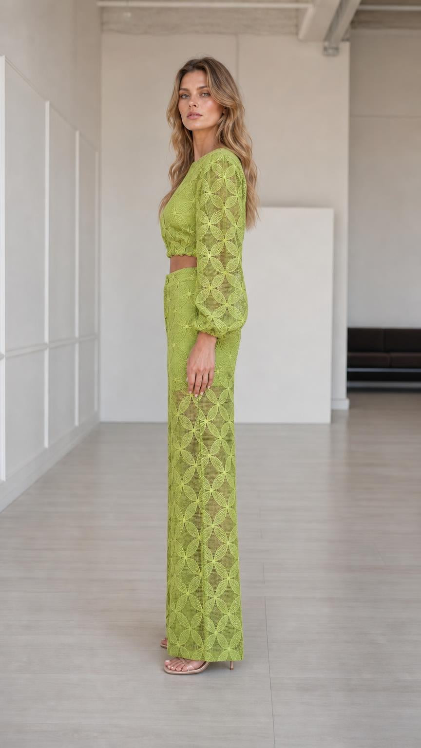 Side profile view of model in lime green matching set