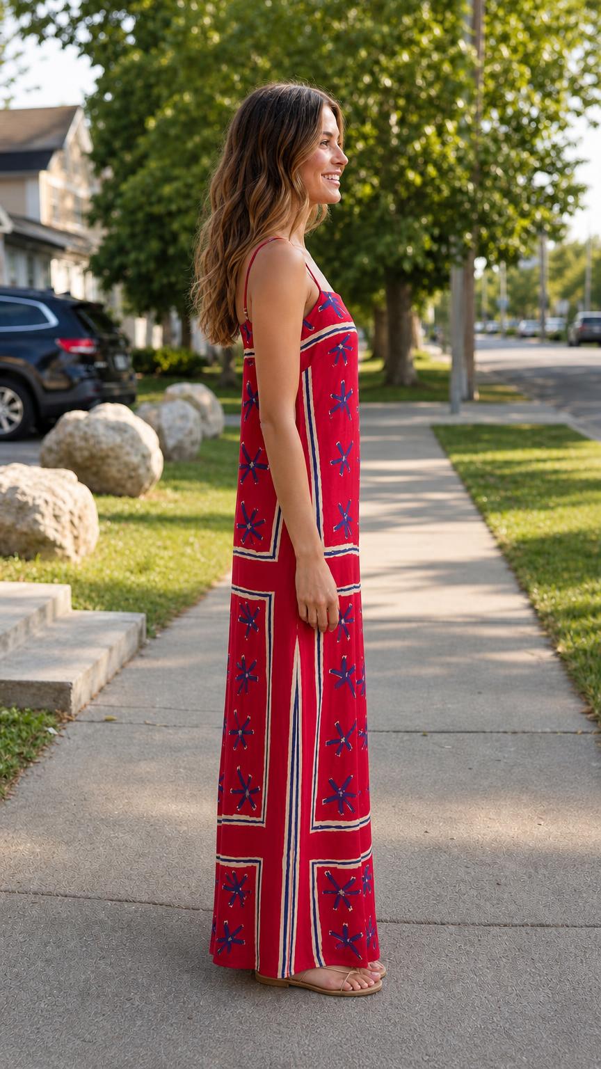 Side profile of woman wearing red maxi dress showing side slit detail