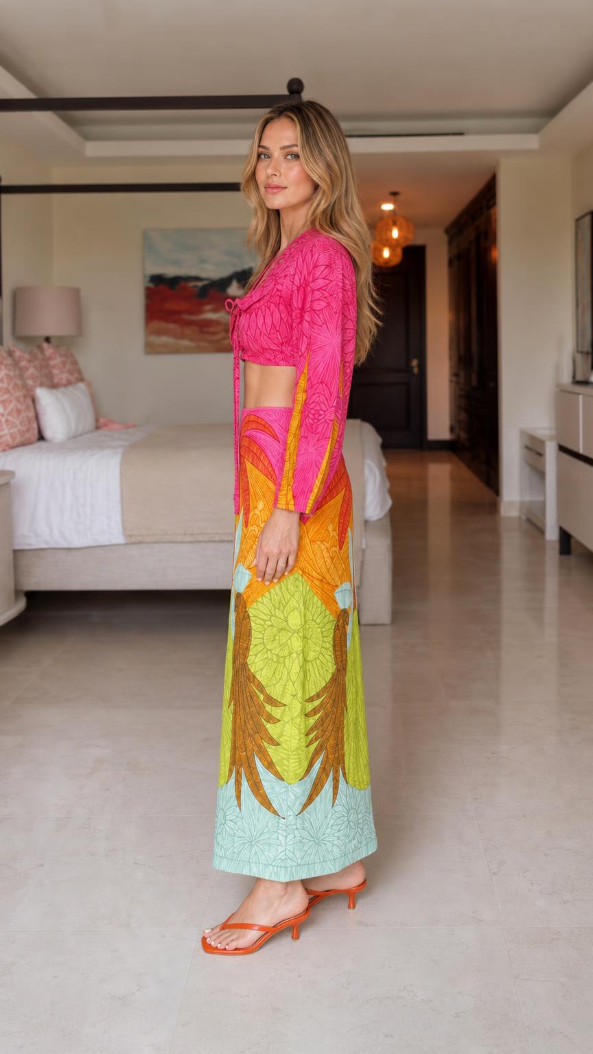 Side view of model wearing Fuchsia set