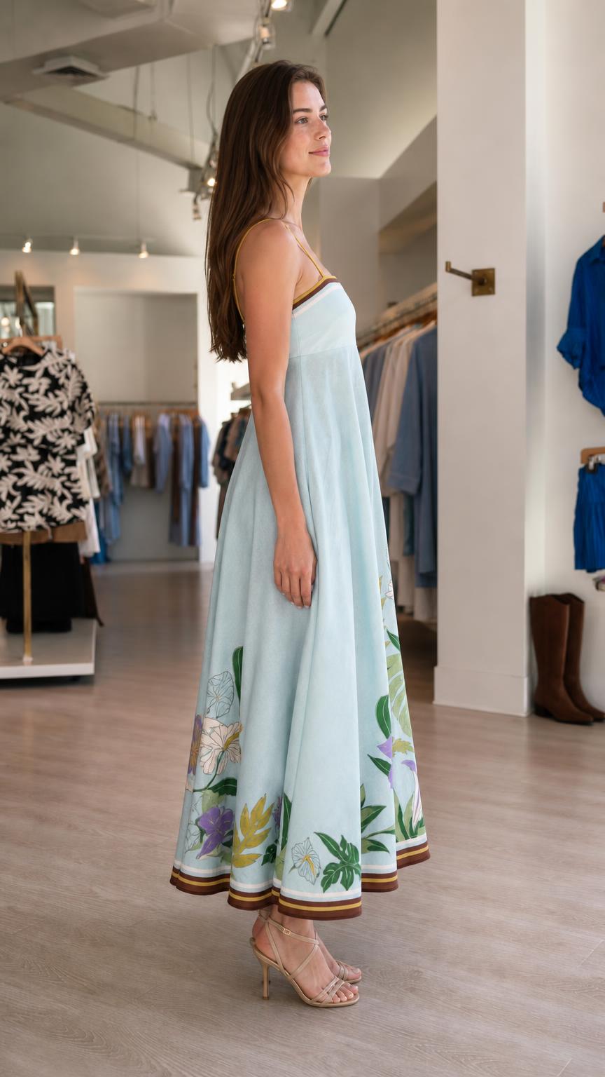 Side view of light blue floral maxi dress