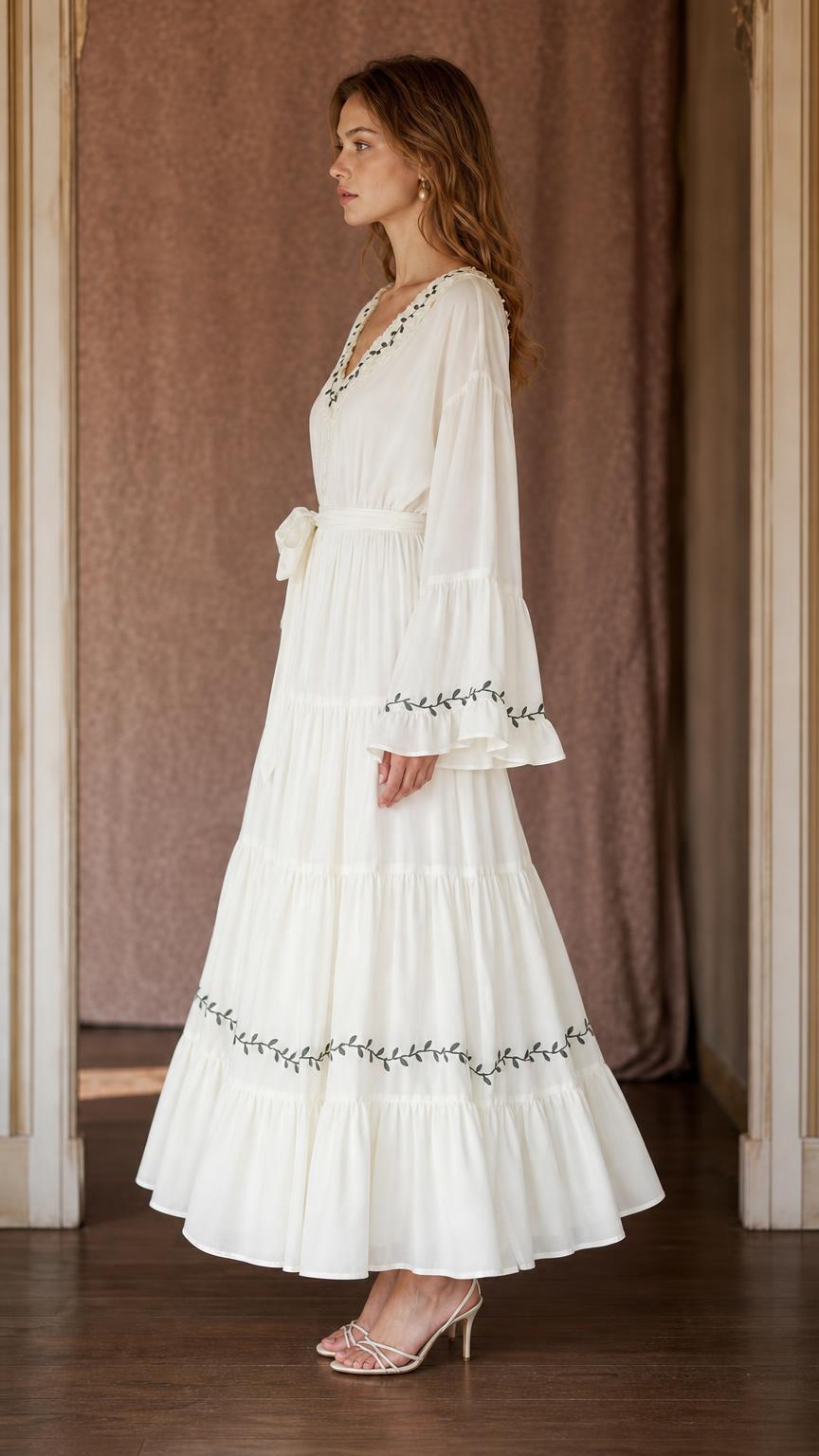 Side view of ivory embroidered tiered maxi dress showing the flowing silhouette and adjustable waist tie