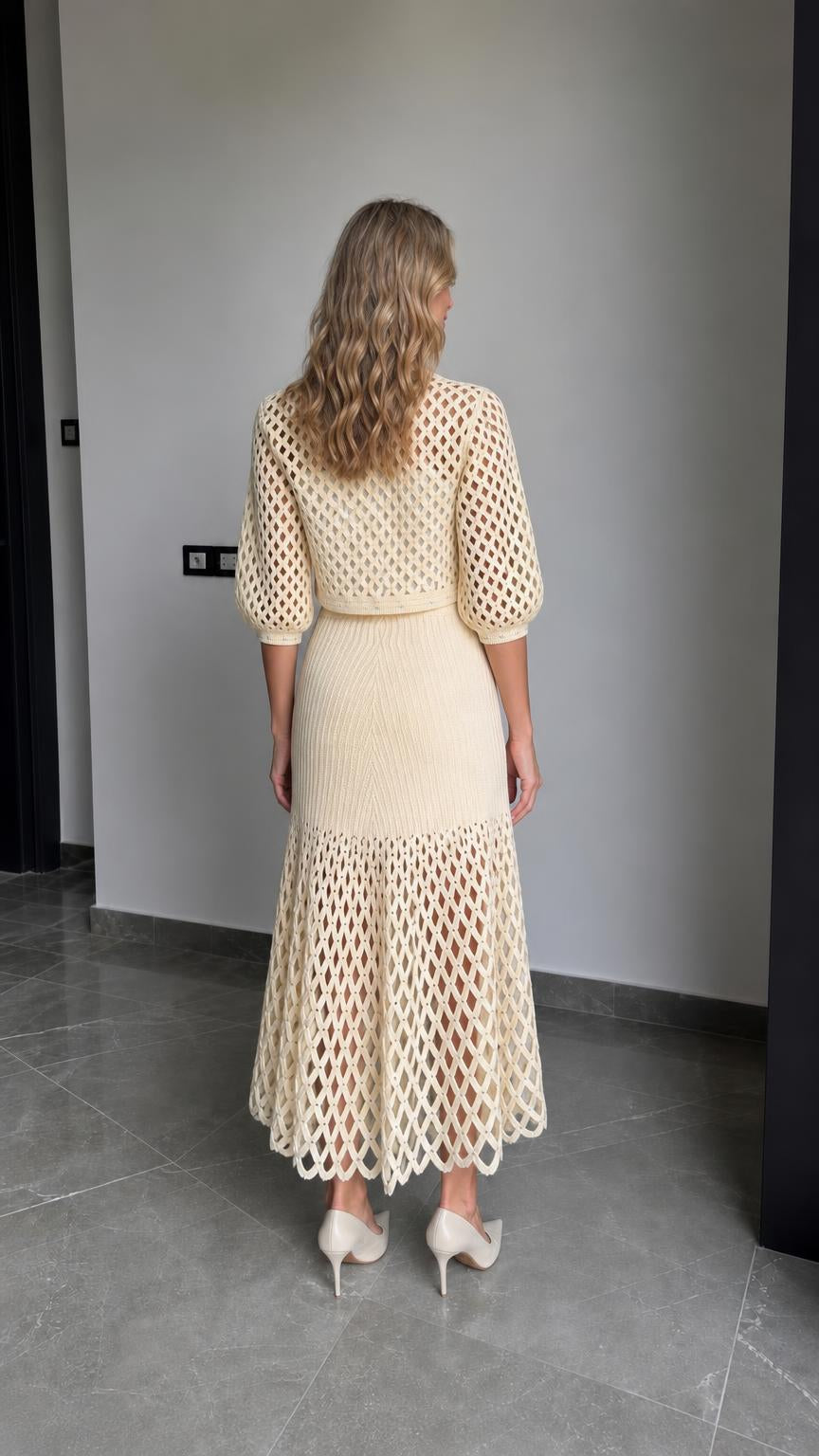 Back view of cream knit cardigan and skirt set