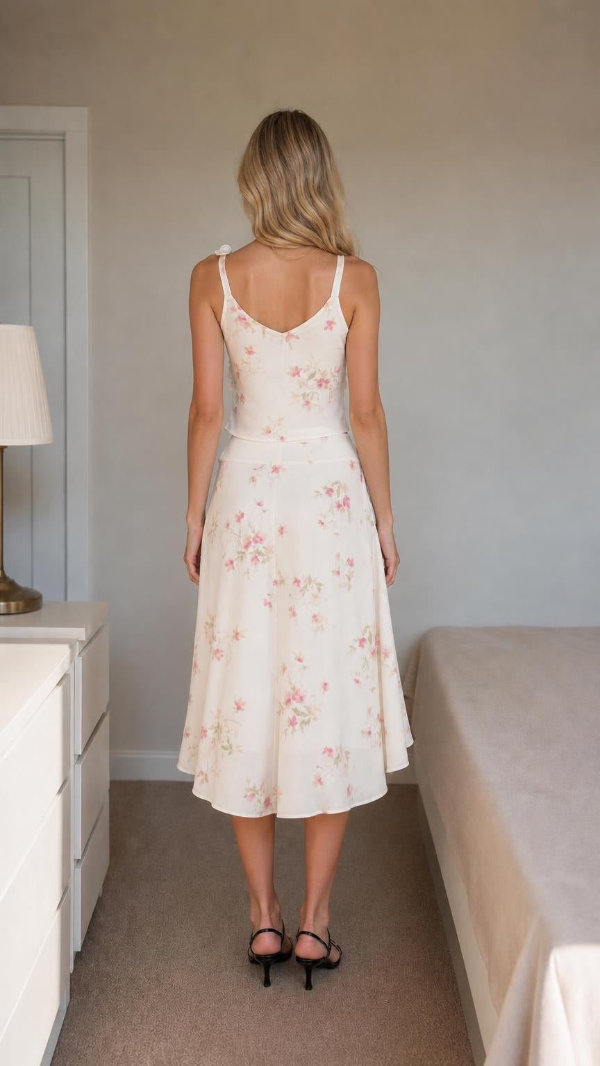 Back view of ivory floral two-piece set