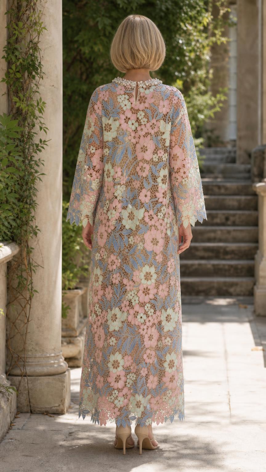 Back view of model showing floor-length floral lace maxi dress