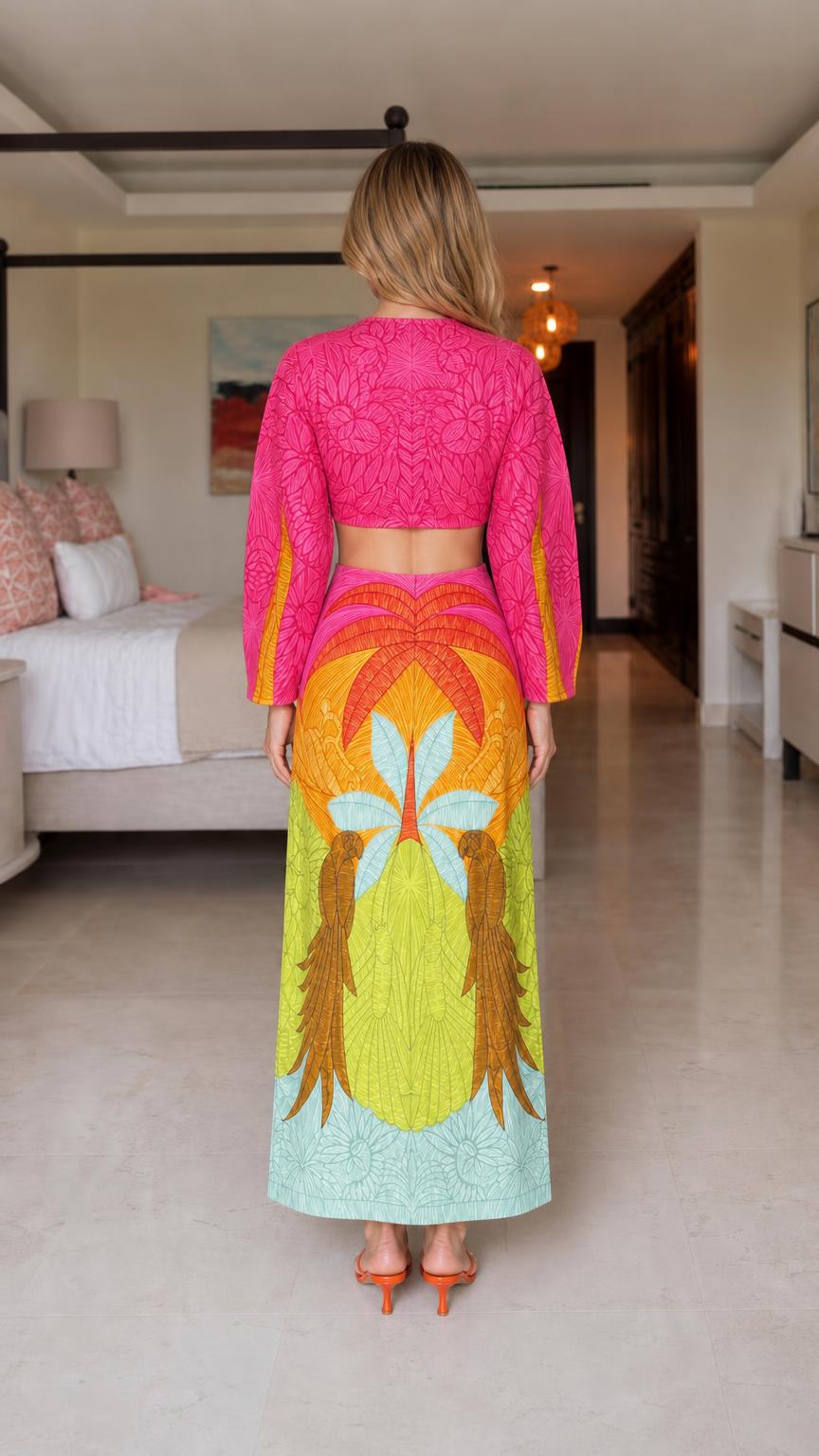 Back view of model wearing Fuchsia set