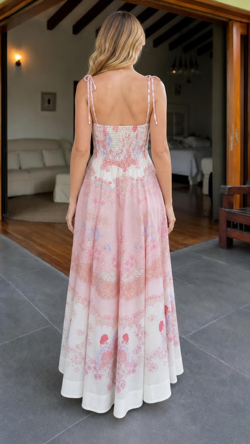 Back view of model in pink floral maxi dress showing smocked panel