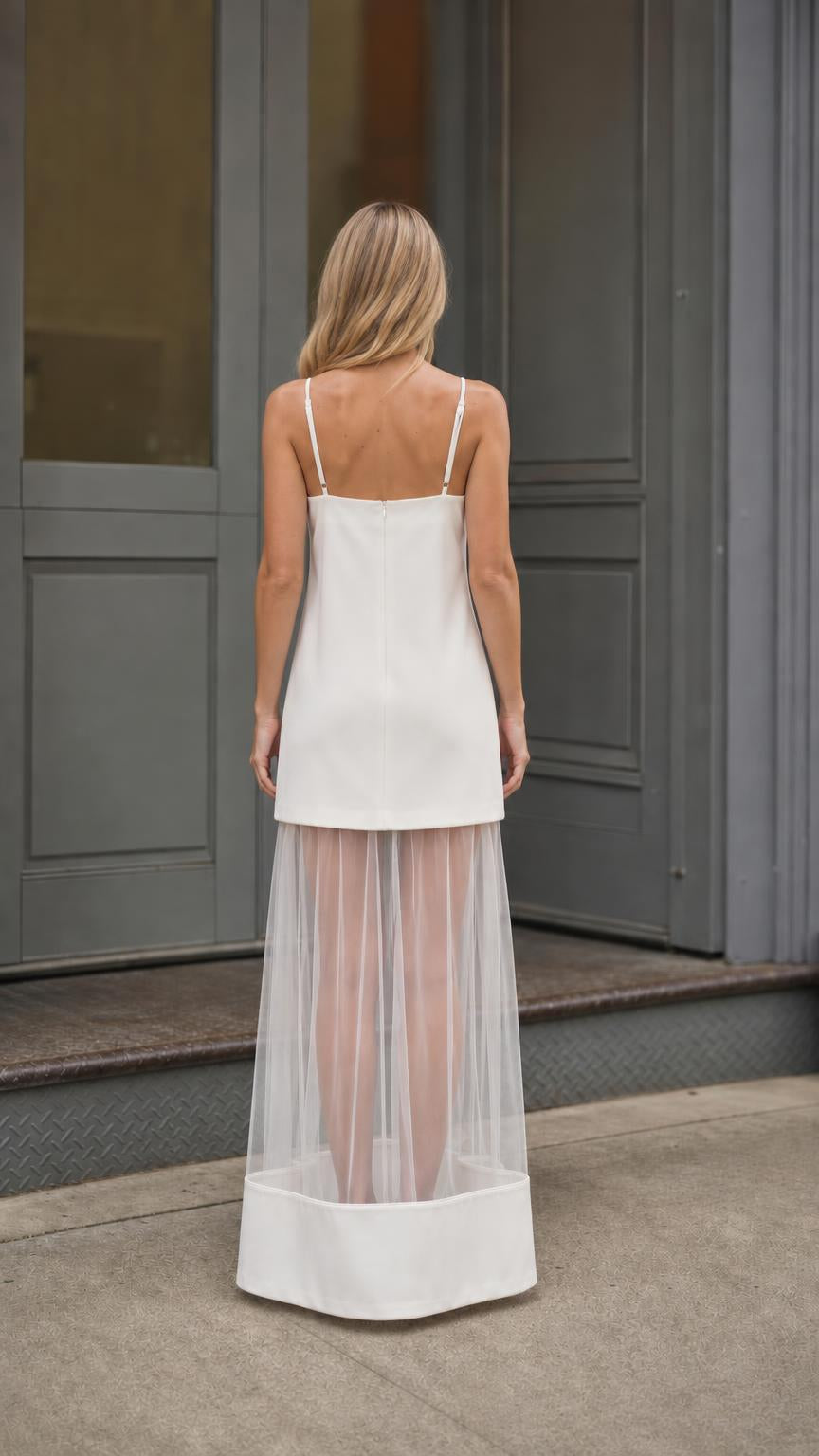 Back view of white strappy formal maxi dress