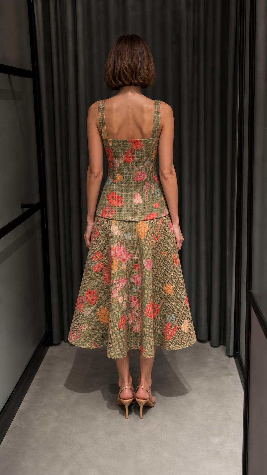 Back view of green floral tweed set
