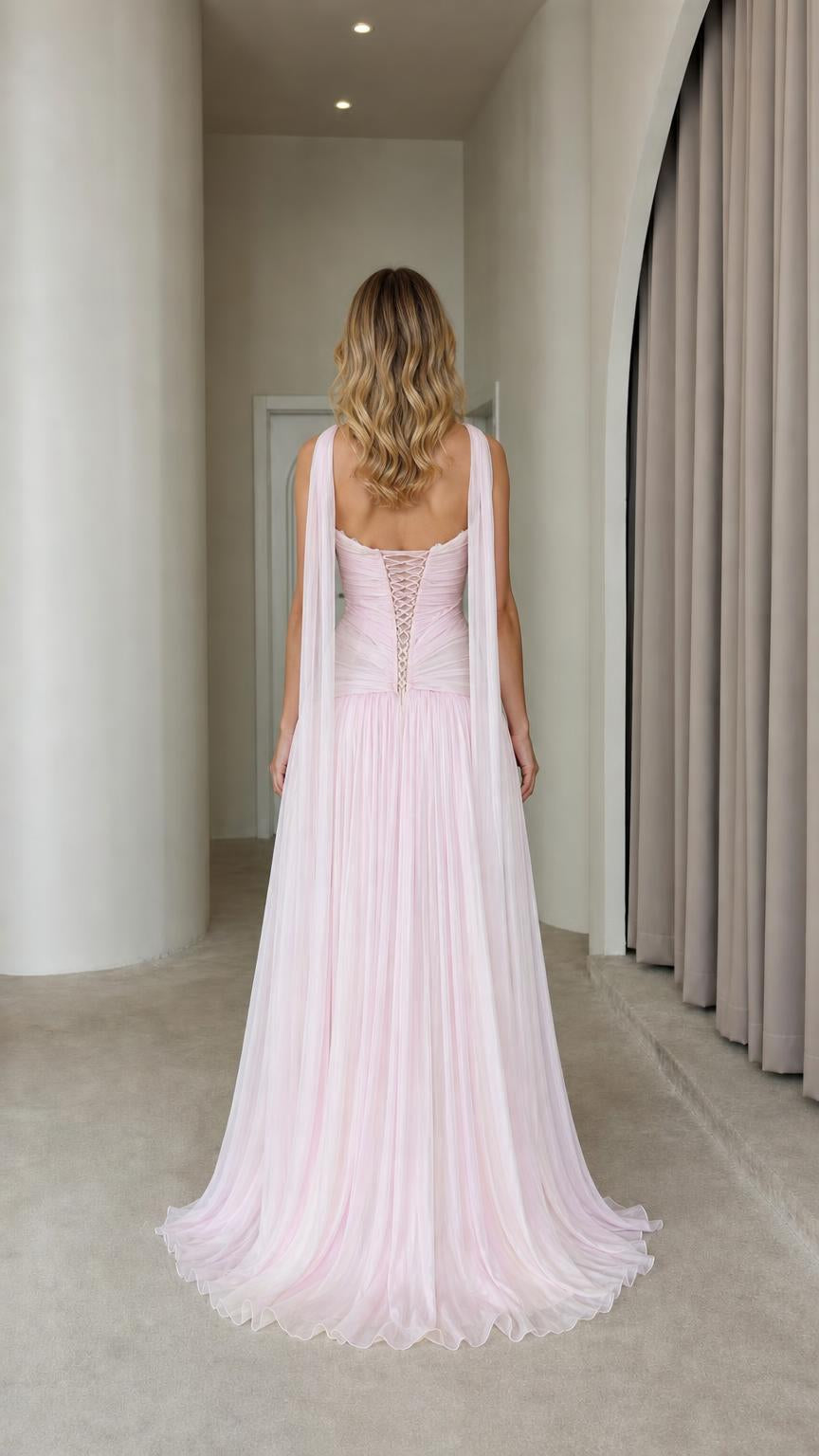 Pink formal dress back view with corset lacing