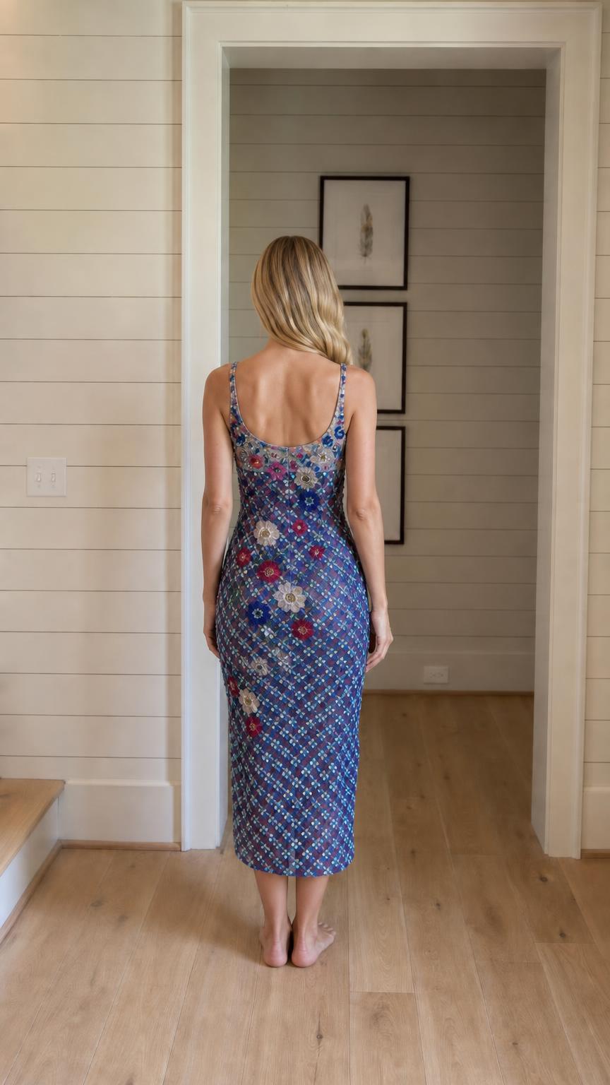 Back view of model in blue sequin midi slip dress