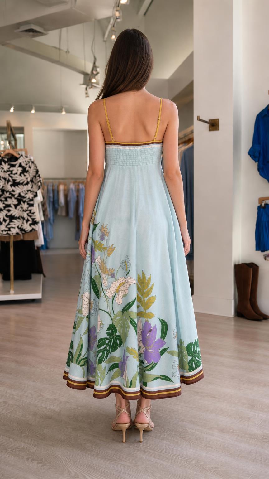 Back view of light blue floral maxi dress