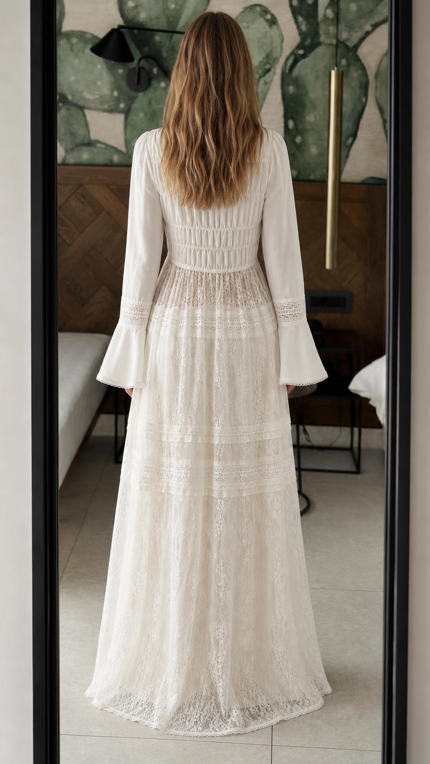 Back view of model in white lace two-piece set