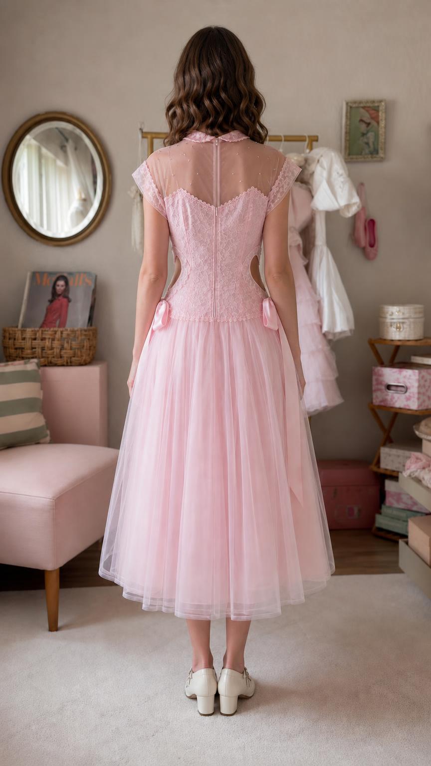Pink lace midi dress back view